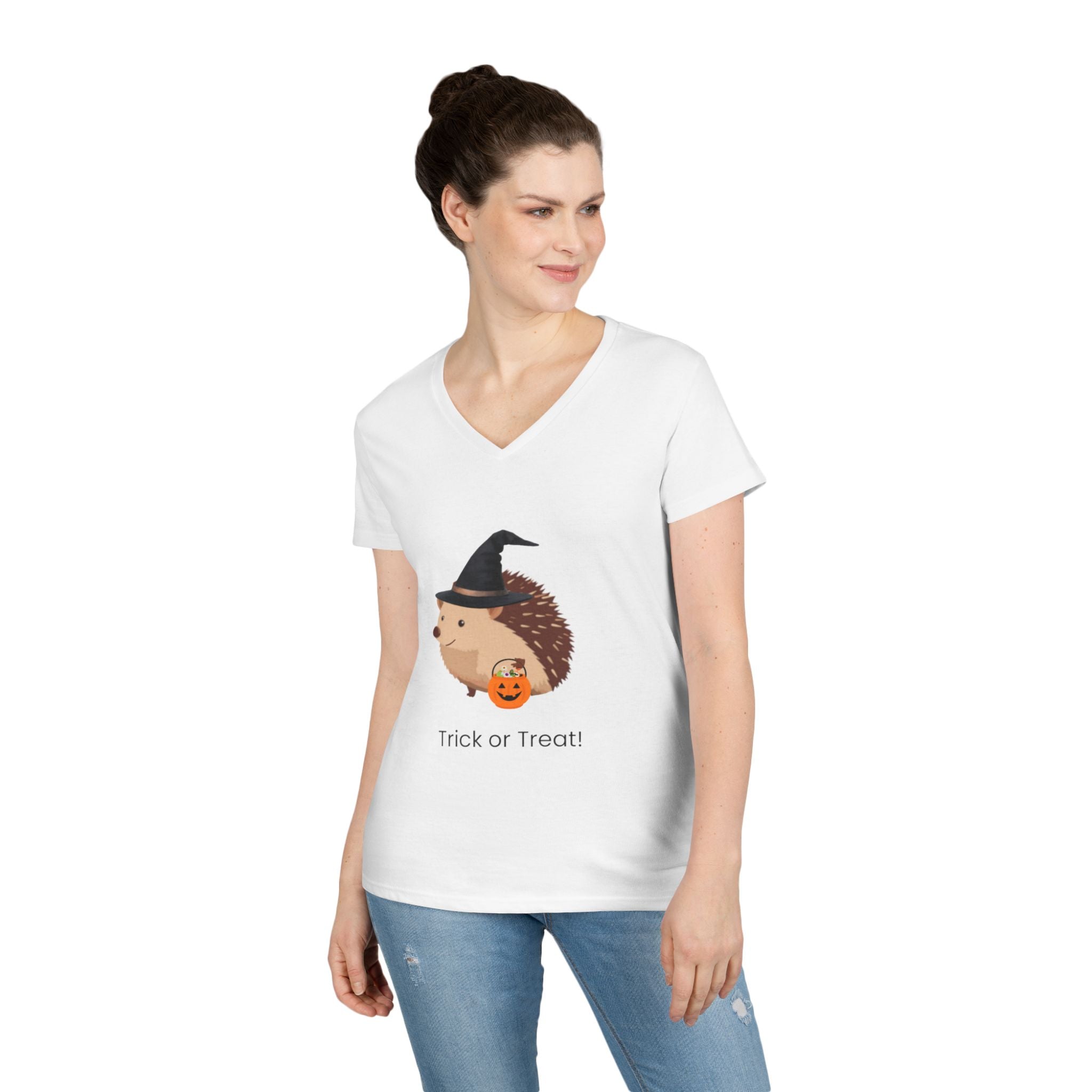 Steve the Hedgehog Halloween V-Neck Tee, Cute Fall Shirt, Trick or Treat Top, Halloween Party Outfit, Gift for Her, Animal Lover's Apparel