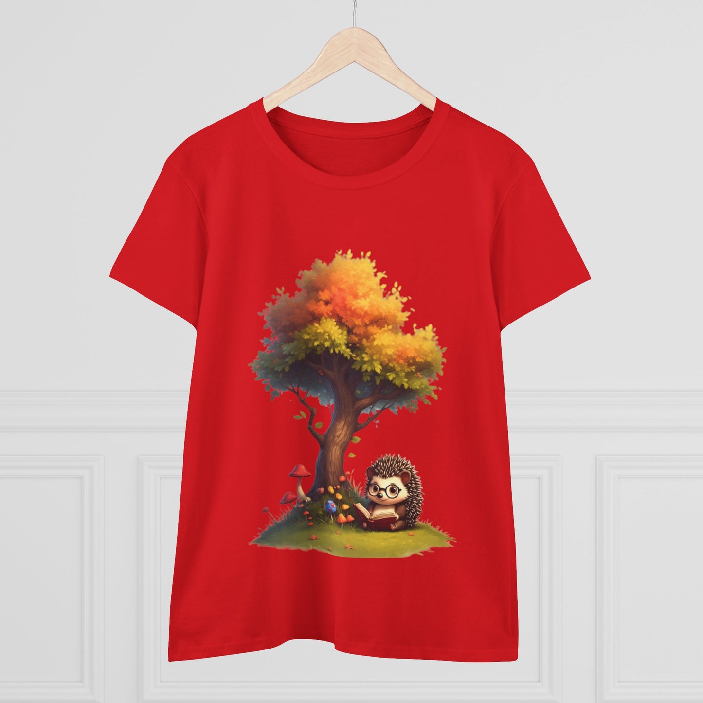 Cute Hedgehog and Autumn Tree T-Shirt, Fall Apparel, Nature Lover Gift, Women's Casual Tee, Gift for Her, Seasonal Style