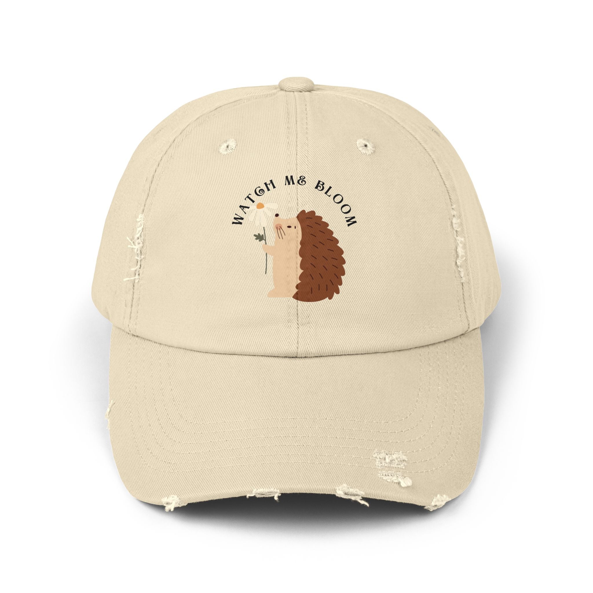 Watch Me Bloom Unisex Distressed Cap - Cute Animal Hat, Hedgehog Lover Gift, Vintage Style Cap, Casual Outdoor Accessory, Fun Birthday Present