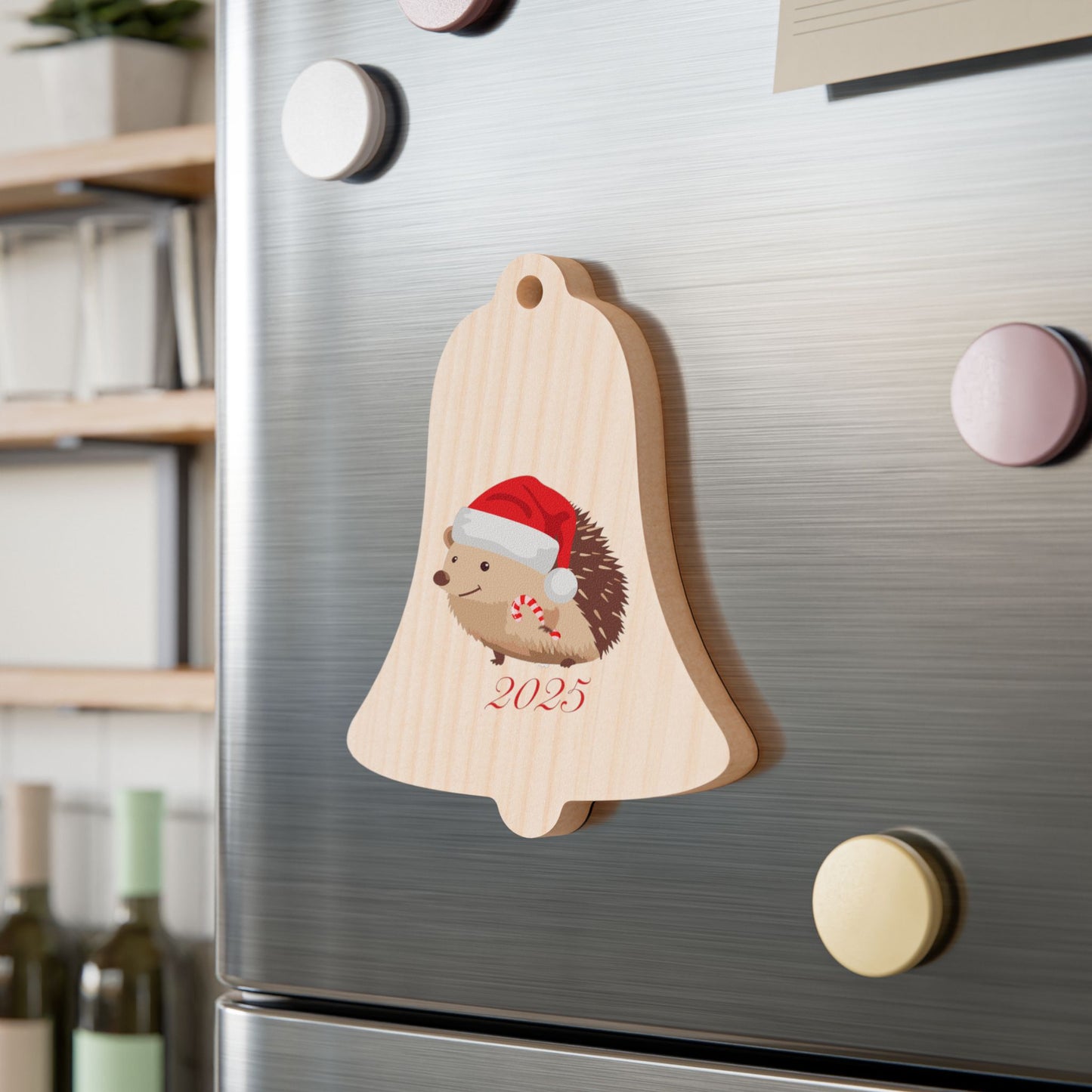 Bell Wooden Ornament, 2025 Hedgehog in Santa Hat Christmas Decoration, Collectable Ornament