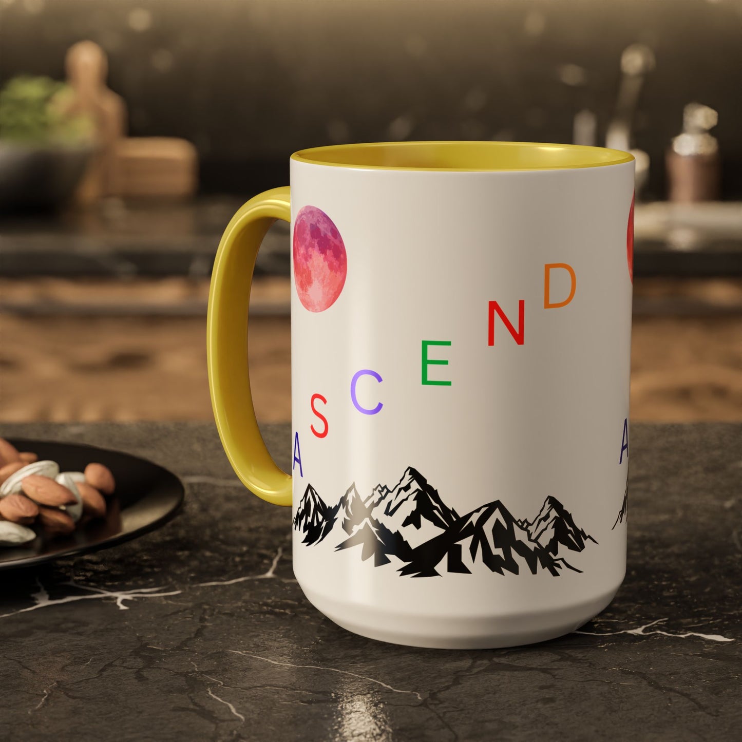 Ascend Mountain Mug — Colorful Rainbow Lettering with Pink Moon (11oz/15oz)