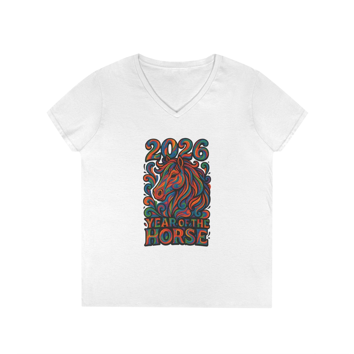 2026 Year of the Horse Ladies' V‑Neck Tee — Colorful Zodiac Horse Design