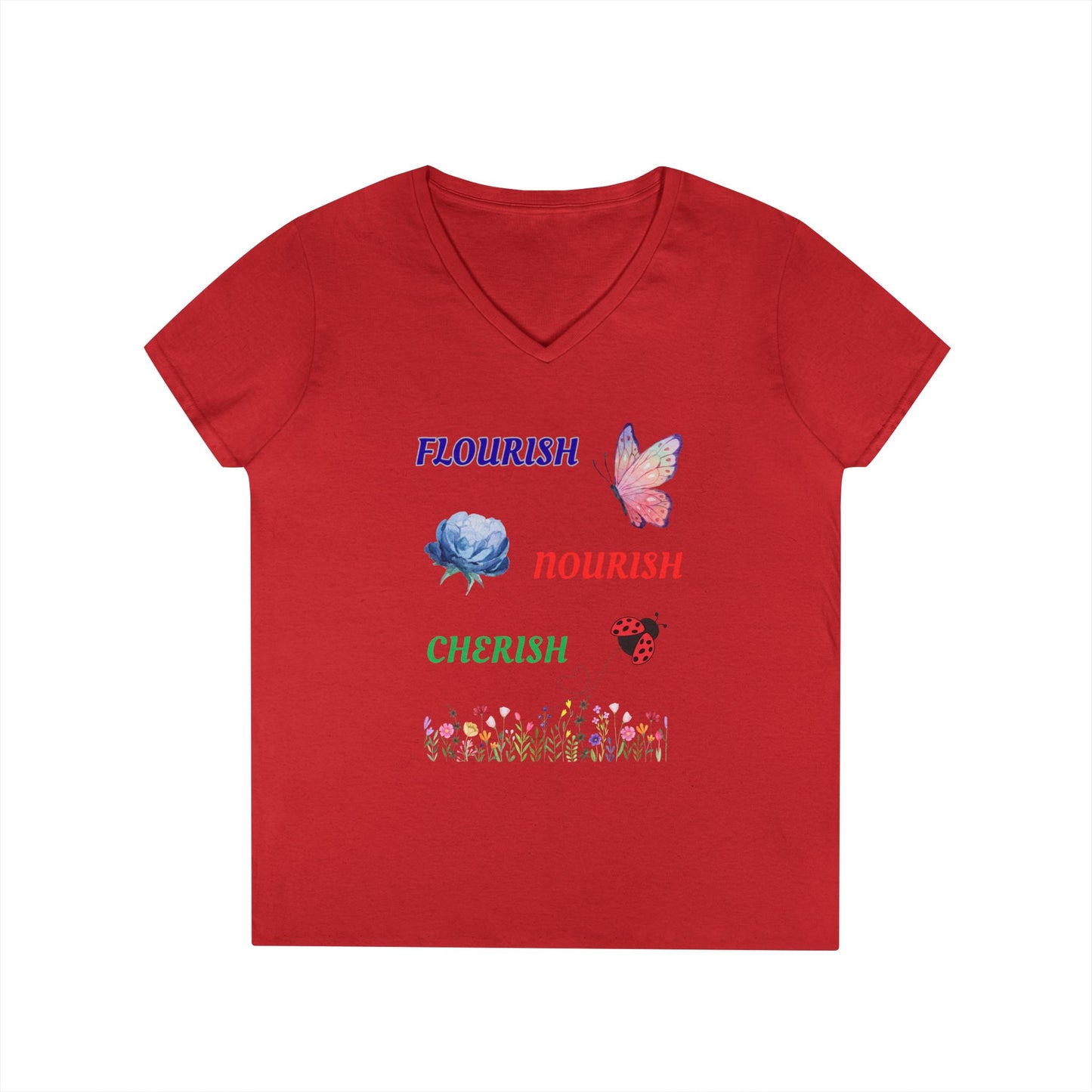 Flourish Nourish Cherish Floral V-Neck  Cotton Tee