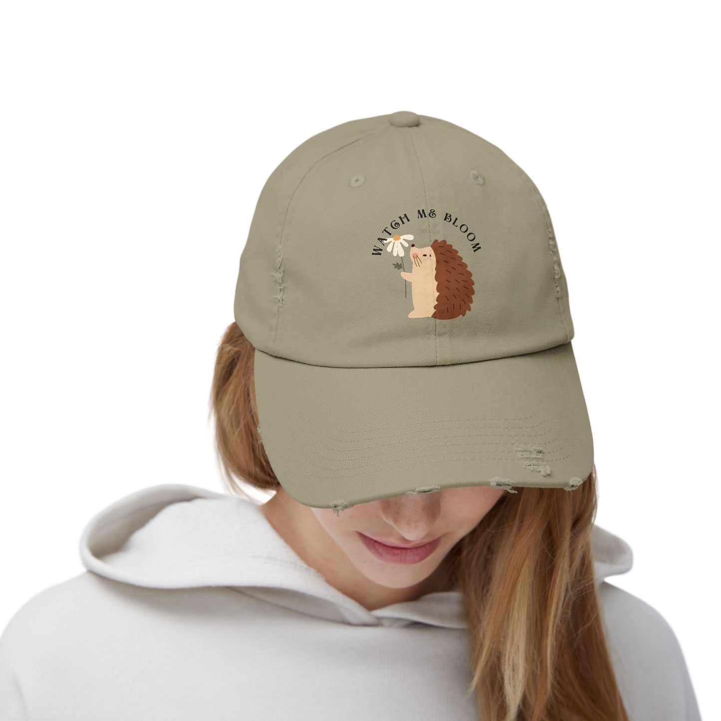 Watch Me Bloom Unisex Distressed Cap - Cute Animal Hat, Hedgehog Lover Gift, Vintage Style Cap, Casual Outdoor Accessory, Fun Birthday Present