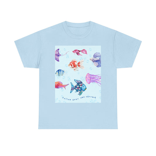 Follow your own current T-Shirt — Unisex Colorful Watercolor Fish & Jellyfish Graphic (Hello Great Big Ocean)