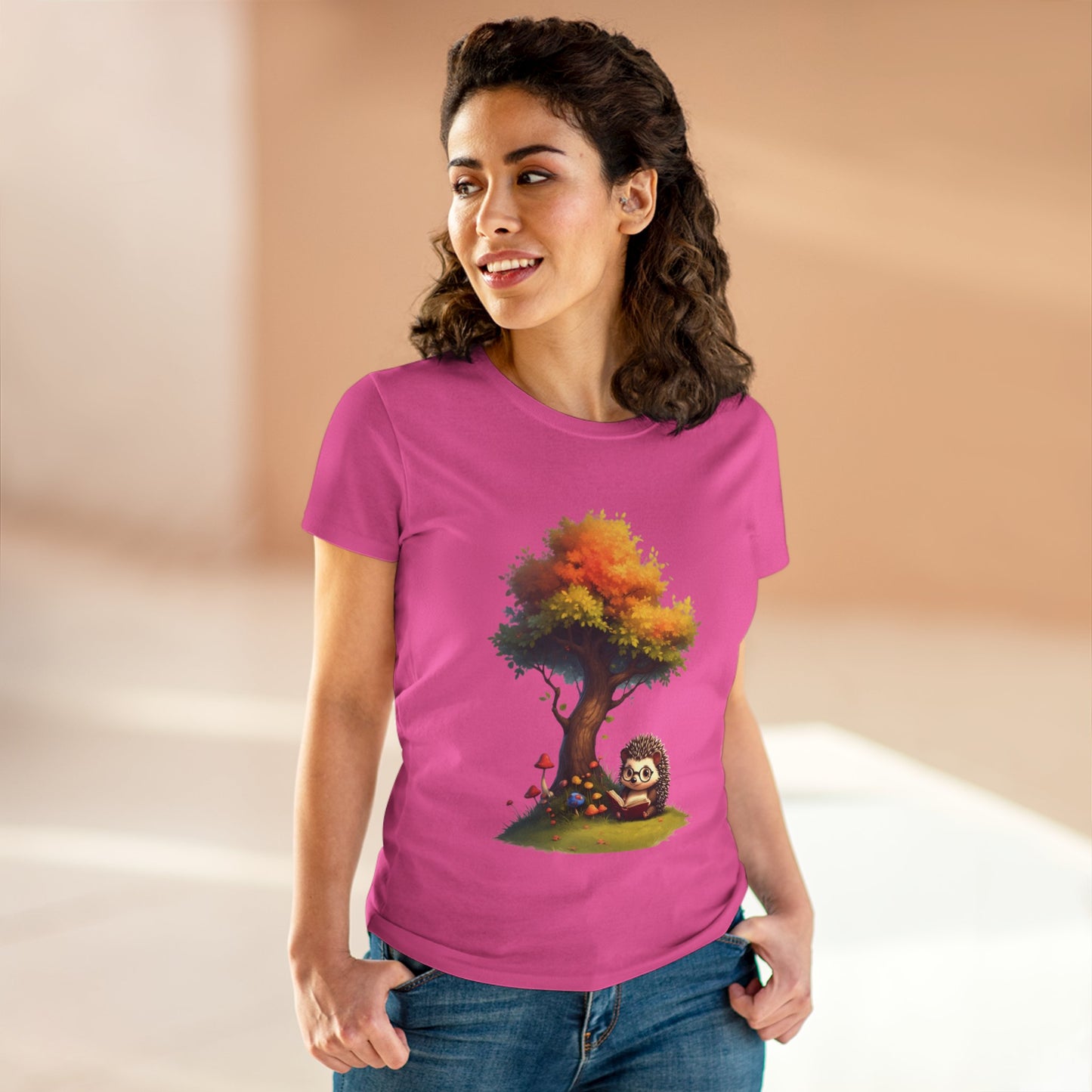 Cute Hedgehog and Autumn Tree T-Shirt, Fall Apparel, Nature Lover Gift, Women's Casual Tee, Gift for Her, Seasonal Style