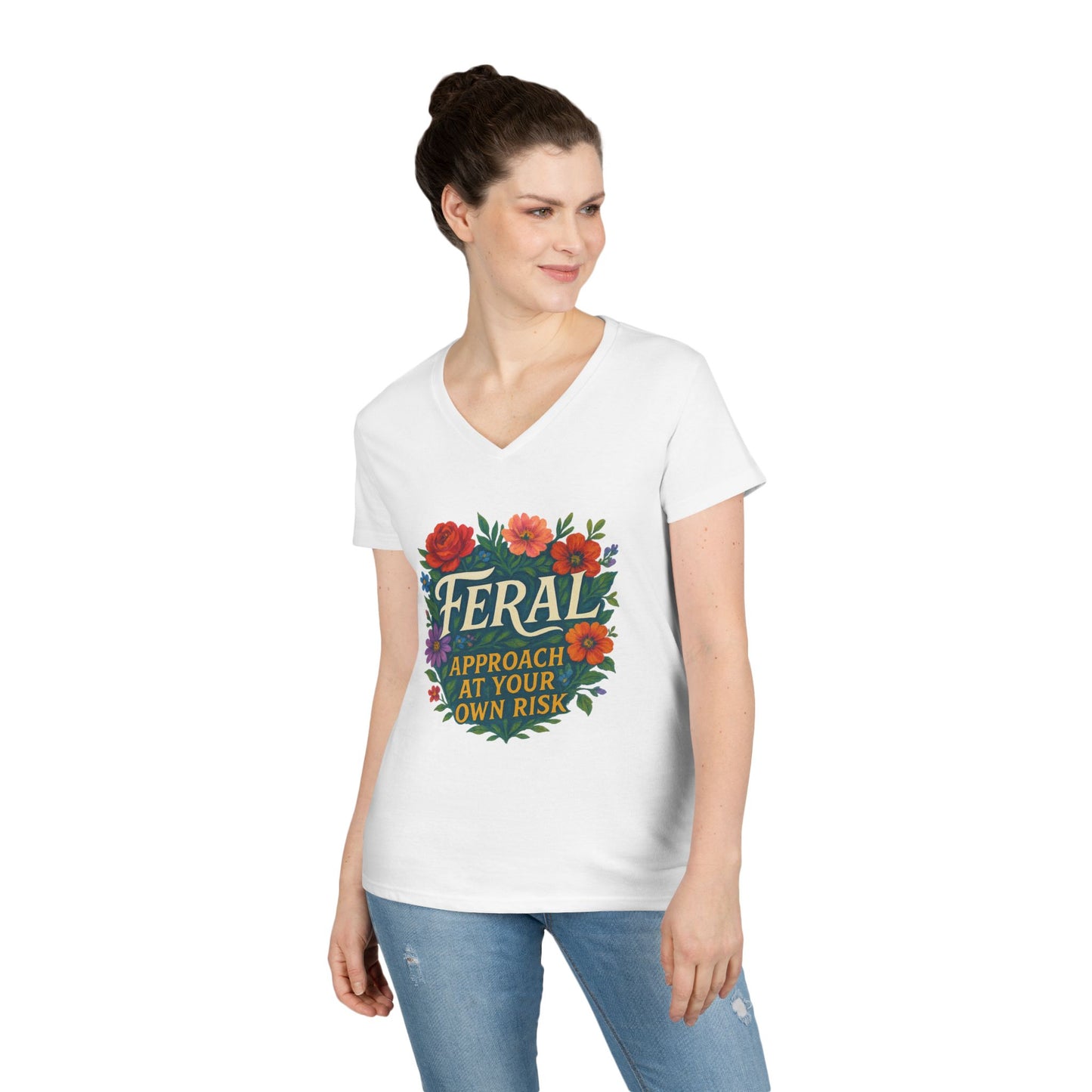 Feral Floral V-Neck Tee — “Feral: Approach At Your Own Risk” Ladies' Graphic T‑Shirt