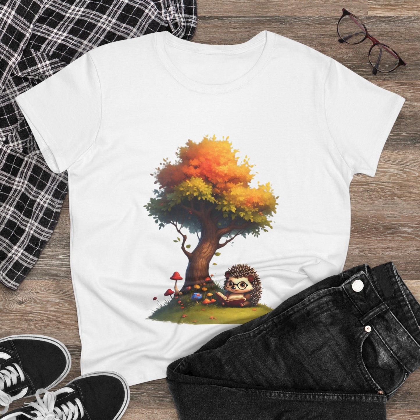 Cute Hedgehog and Autumn Tree T-Shirt, Fall Apparel, Nature Lover Gift, Women's Casual Tee, Gift for Her, Seasonal Style