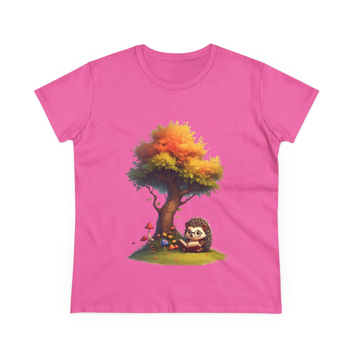 Cute Hedgehog and Autumn Tree T-Shirt, Fall Apparel, Nature Lover Gift, Women's Casual Tee, Gift for Her, Seasonal Style