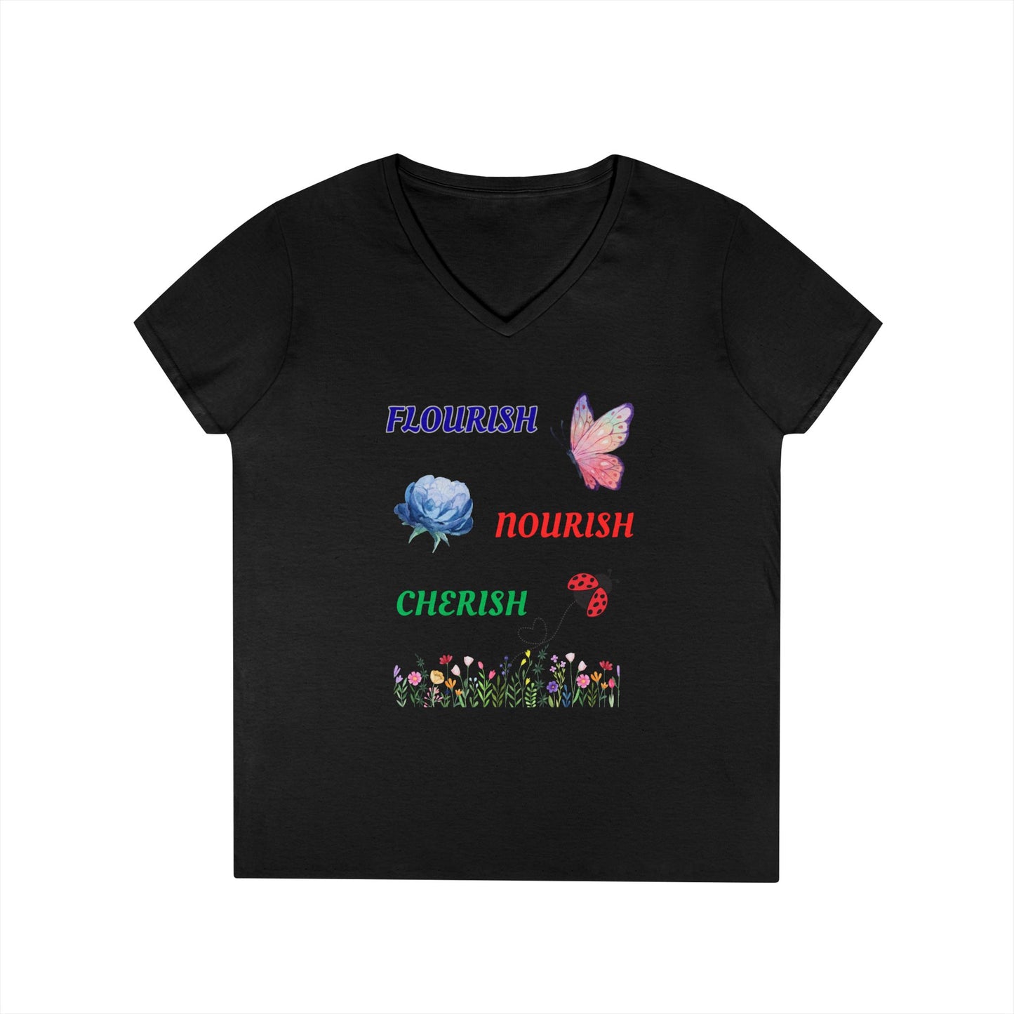 Flourish Nourish Cherish Floral V-Neck  Cotton Tee