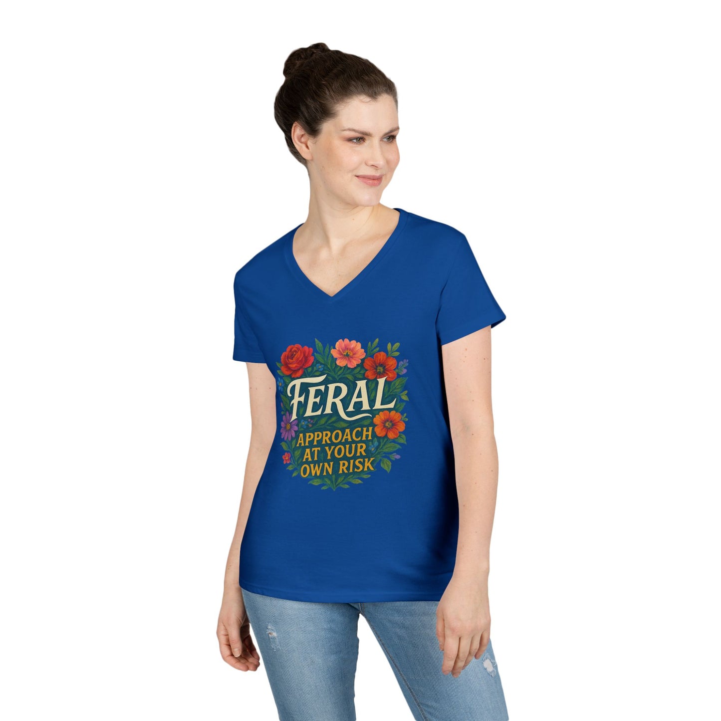 Feral Floral V-Neck Tee — “Feral: Approach At Your Own Risk” Ladies' Graphic T‑Shirt