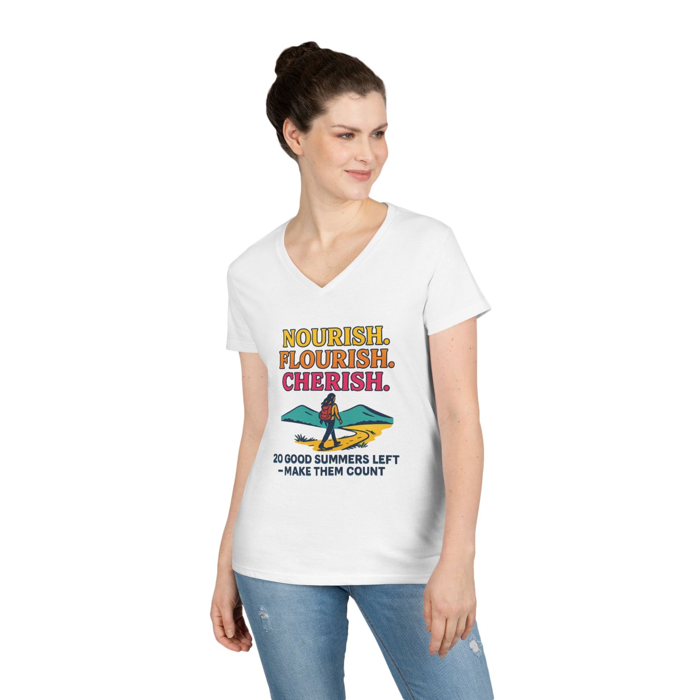 Nourish Flourish Cherish V-Neck Tee — 20 Good Summers Left Inspirational Women's Shirt