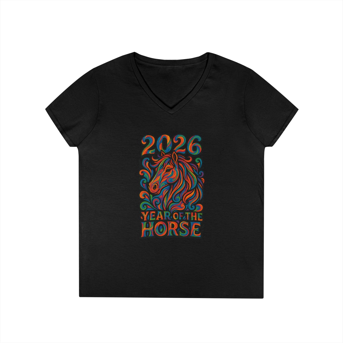 2026 Year of the Horse Ladies' V‑Neck Tee — Colorful Zodiac Horse Design