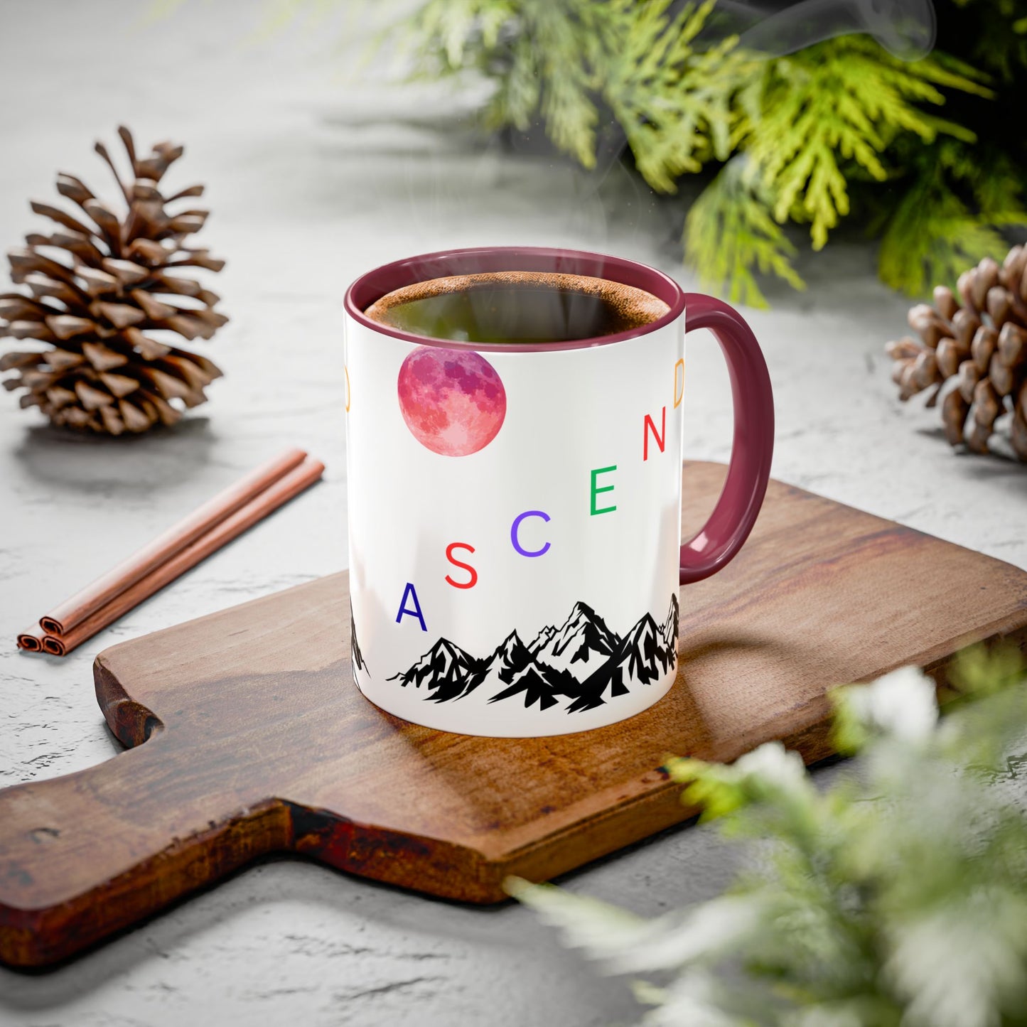 Ascend Mountain Mug — Colorful Rainbow Lettering with Pink Moon (11oz/15oz)