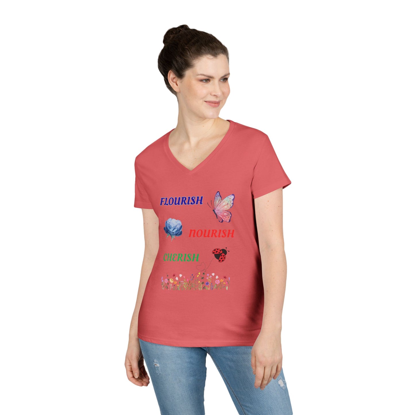 Flourish Nourish Cherish Floral V-Neck  Cotton Tee