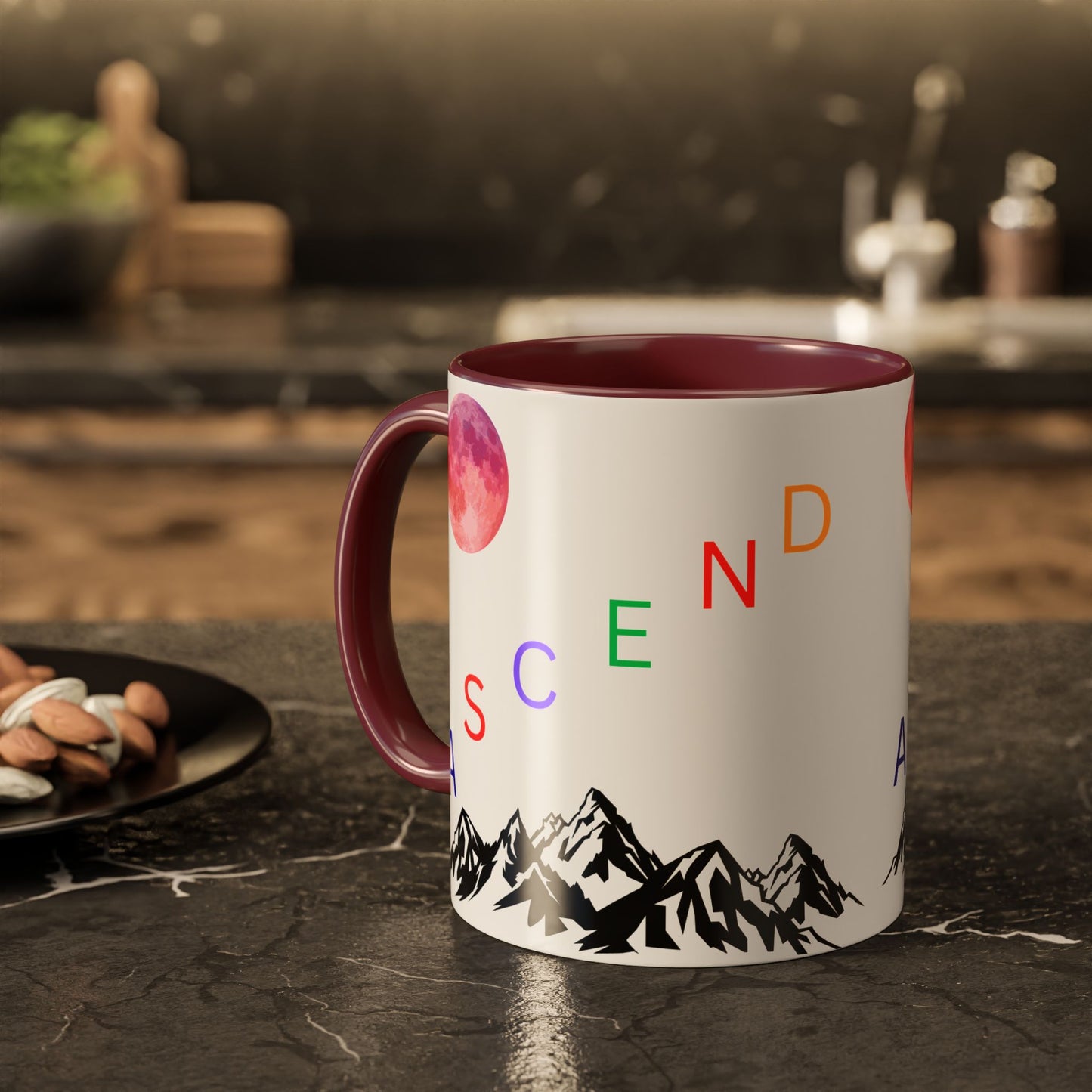 Ascend Mountain Mug — Colorful Rainbow Lettering with Pink Moon (11oz/15oz)