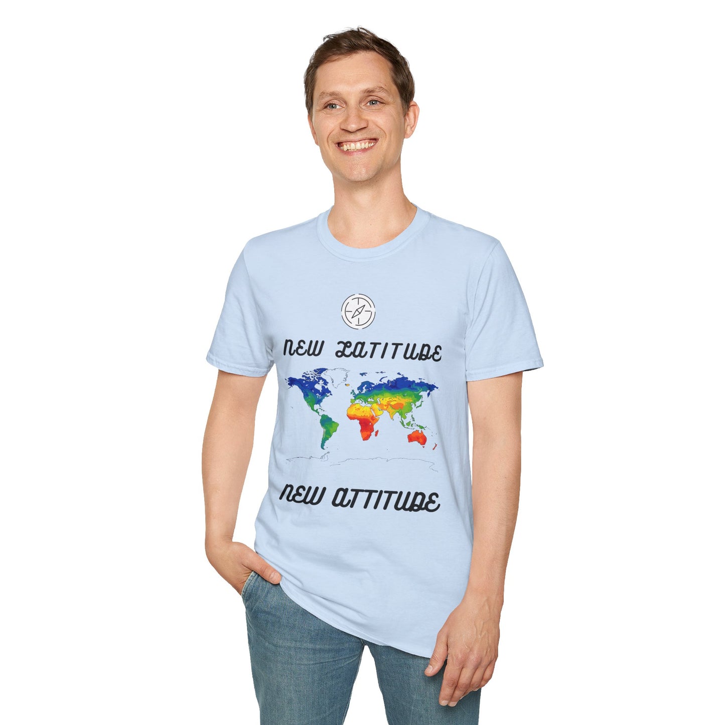New Latitude New Attitude Map T-Shirt, Colorful World Map Travel Tee, 100%Cotton
