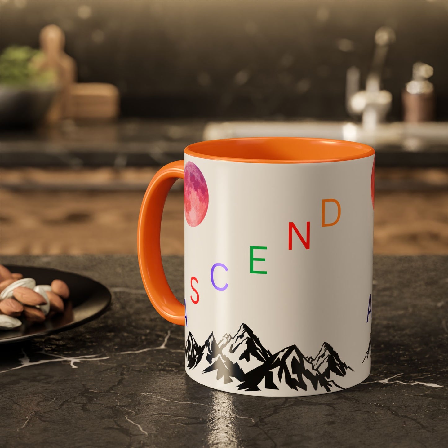 Ascend Mountain Mug — Colorful Rainbow Lettering with Pink Moon (11oz/15oz)