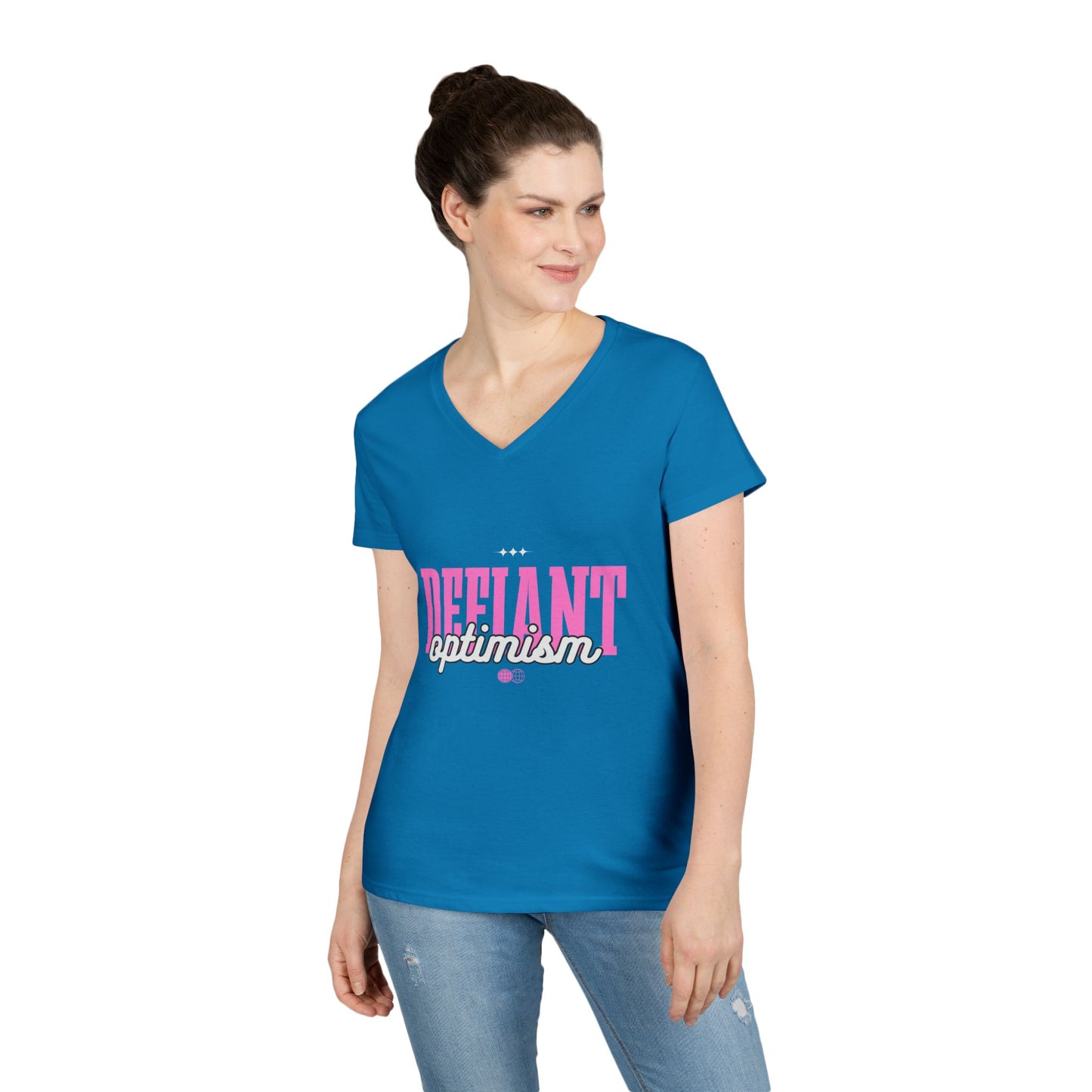 Defiant Optimism V-Neck Womens 100% Cotton Tee