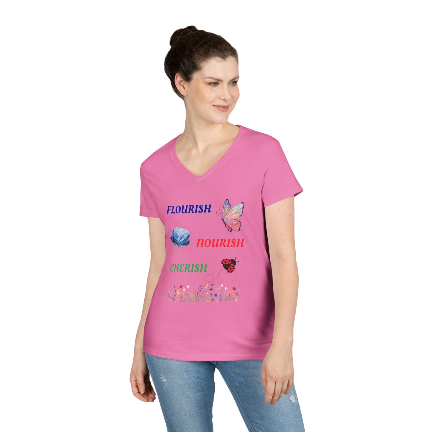 Flourish Nourish Cherish Floral V-Neck  Cotton Tee
