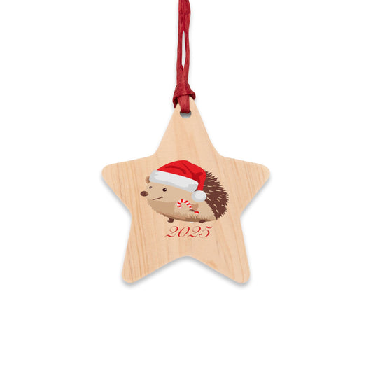 Star-Shaped Wooden Christmas Ornament — Cute Santa Hedgehog 2025 Holiday Decoration, Collectable Ornament