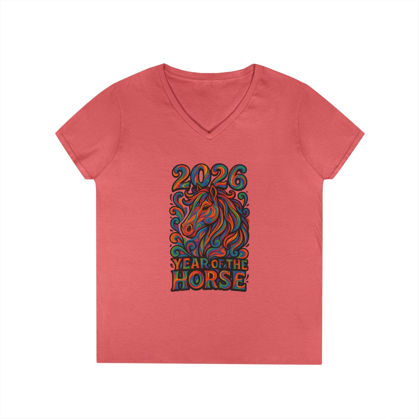 2026 Year of the Horse Ladies' V‑Neck Tee — Colorful Zodiac Horse Design