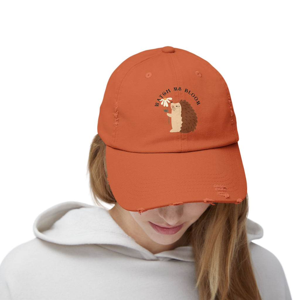 Watch Me Bloom Unisex Distressed Cap - Cute Animal Hat, Hedgehog Lover Gift, Vintage Style Cap, Casual Outdoor Accessory, Fun Birthday Present