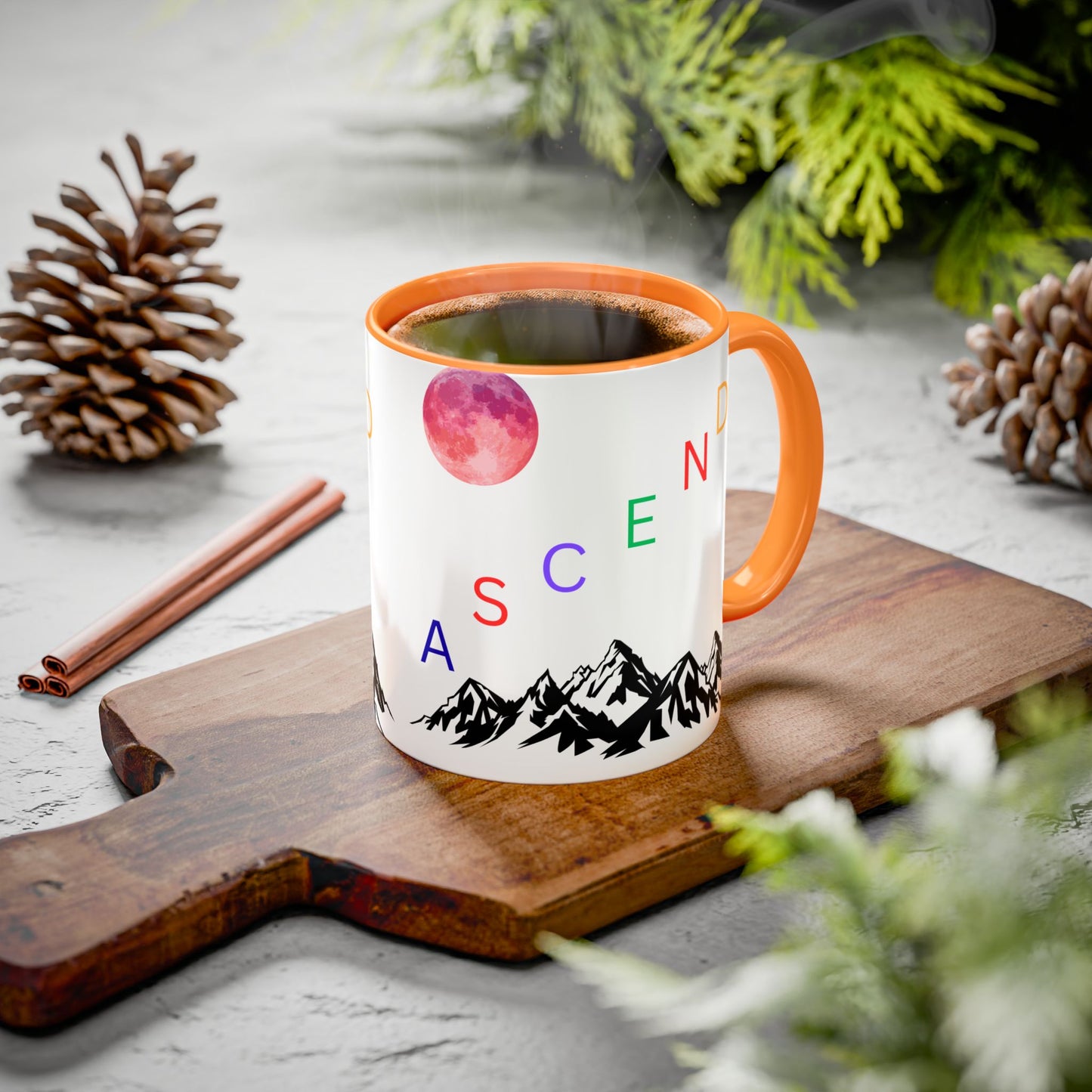 Ascend Mountain Mug — Colorful Rainbow Lettering with Pink Moon (11oz/15oz)