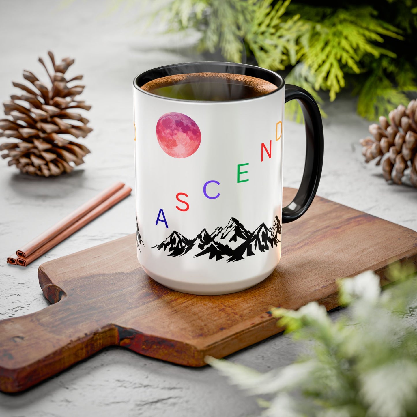 Ascend Mountain Mug — Colorful Rainbow Lettering with Pink Moon (11oz/15oz)