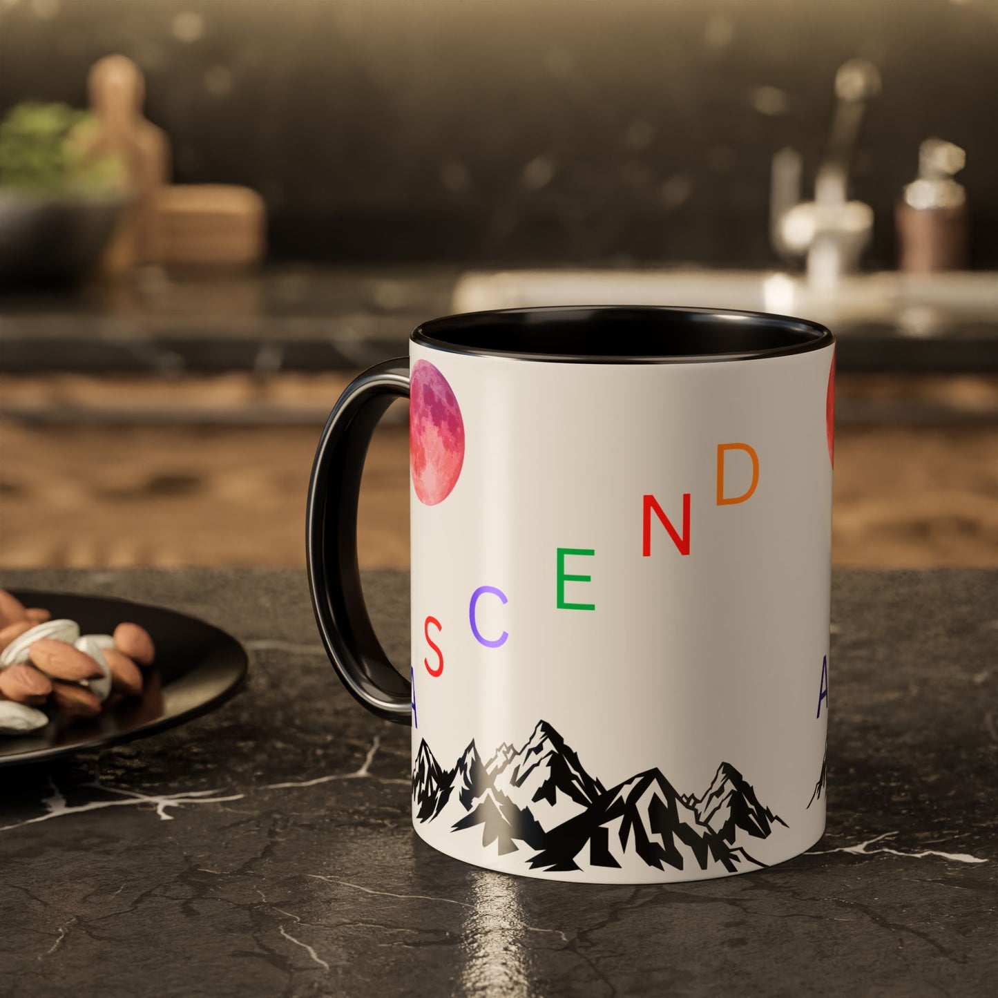 Ascend Mountain Mug — Colorful Rainbow Lettering with Pink Moon (11oz/15oz)