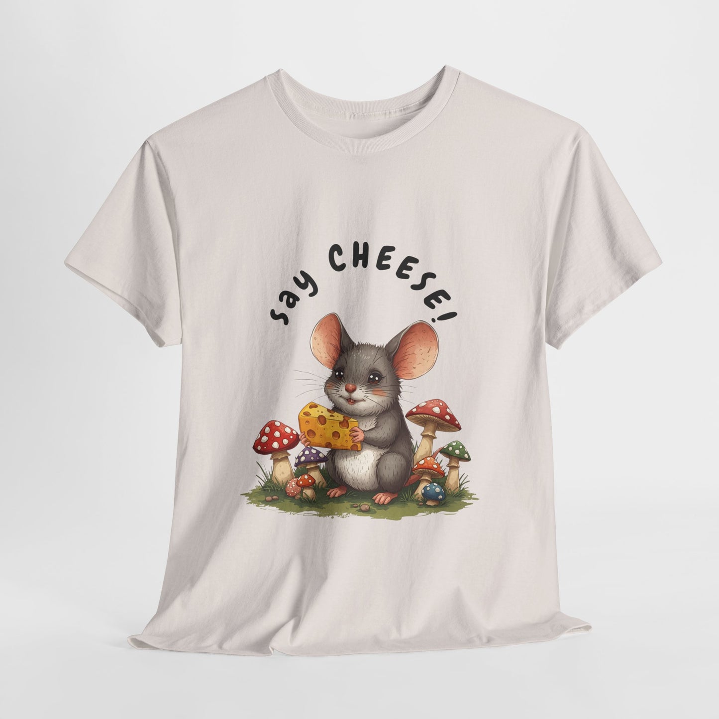 Say Cheese! Cute Mouse Graphic Tee, Say Cheese Unisex Heavy Cotton Tee, Whimsical T-Shirt, Nature Lover Gift, Fun Animal Apparel, Playful Fashion