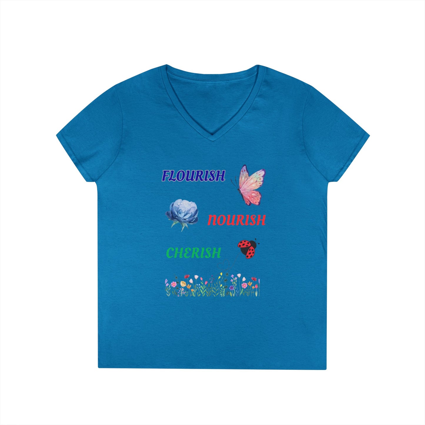 Flourish Nourish Cherish Floral V-Neck  Cotton Tee