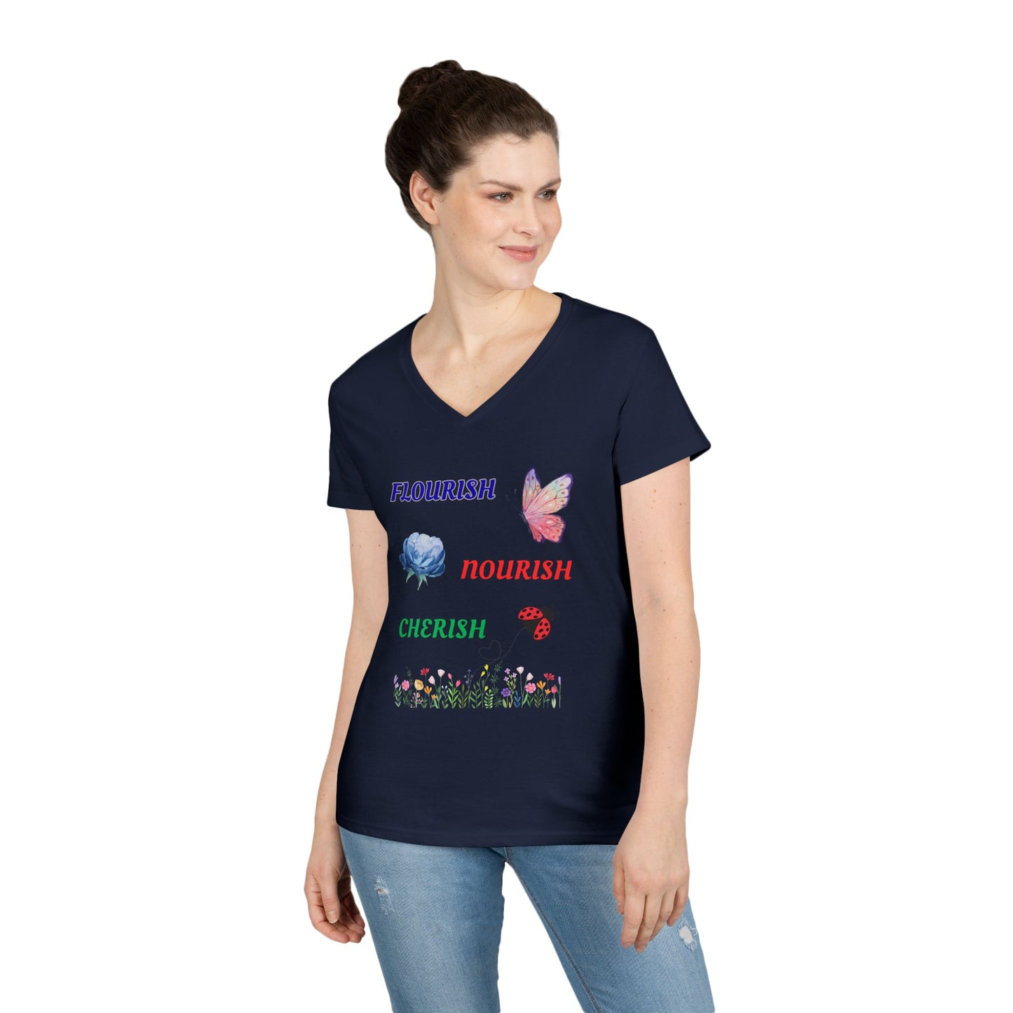 Flourish Nourish Cherish Floral V-Neck  Cotton Tee