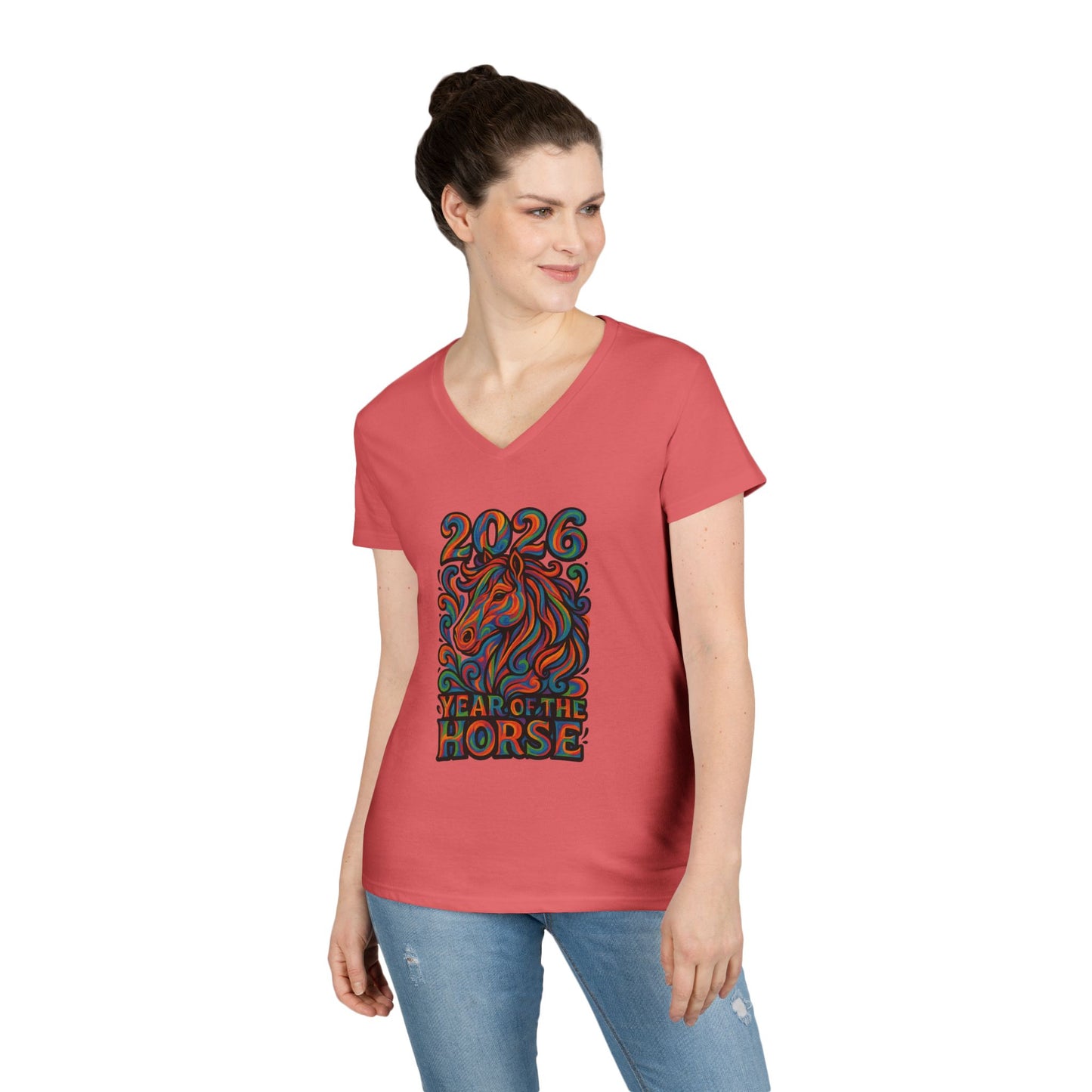 2026 Year of the Horse Ladies' V‑Neck Tee — Colorful Zodiac Horse Design