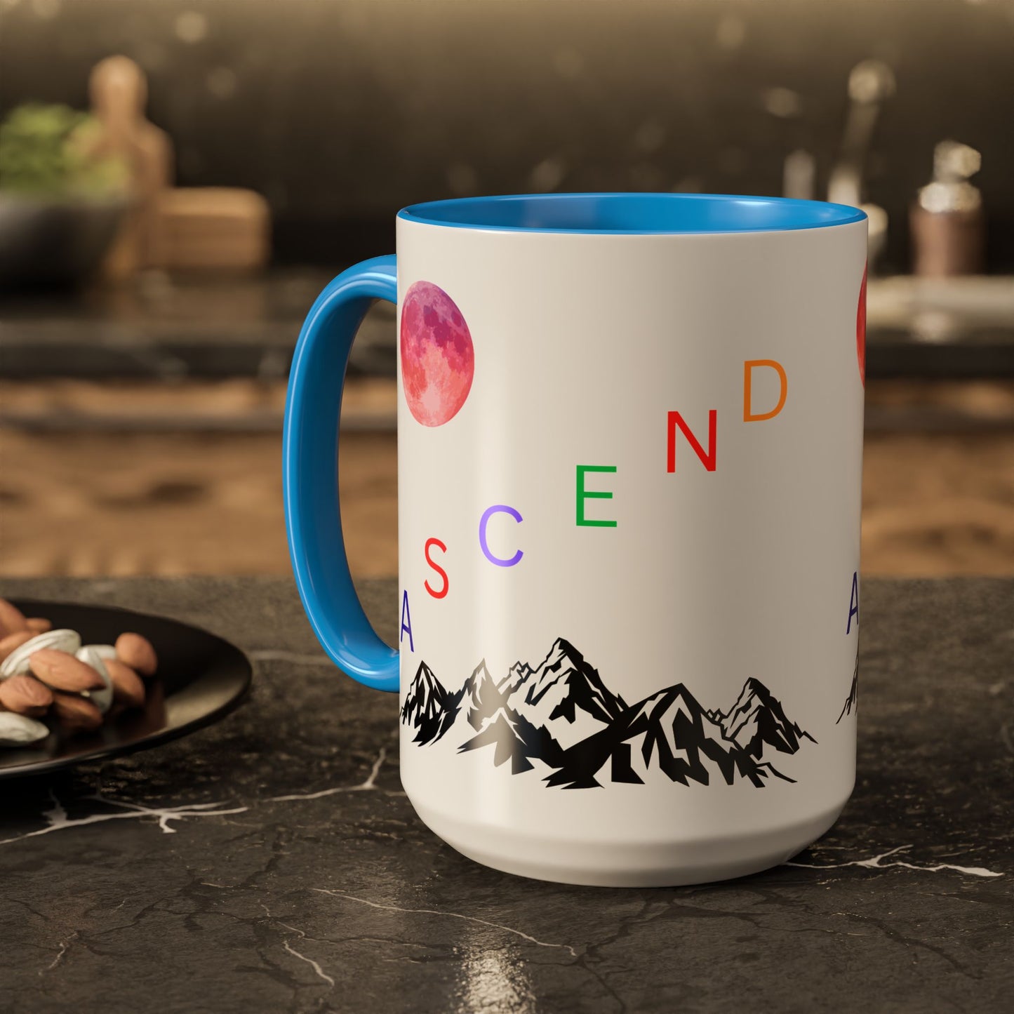 Ascend Mountain Mug — Colorful Rainbow Lettering with Pink Moon (11oz/15oz)