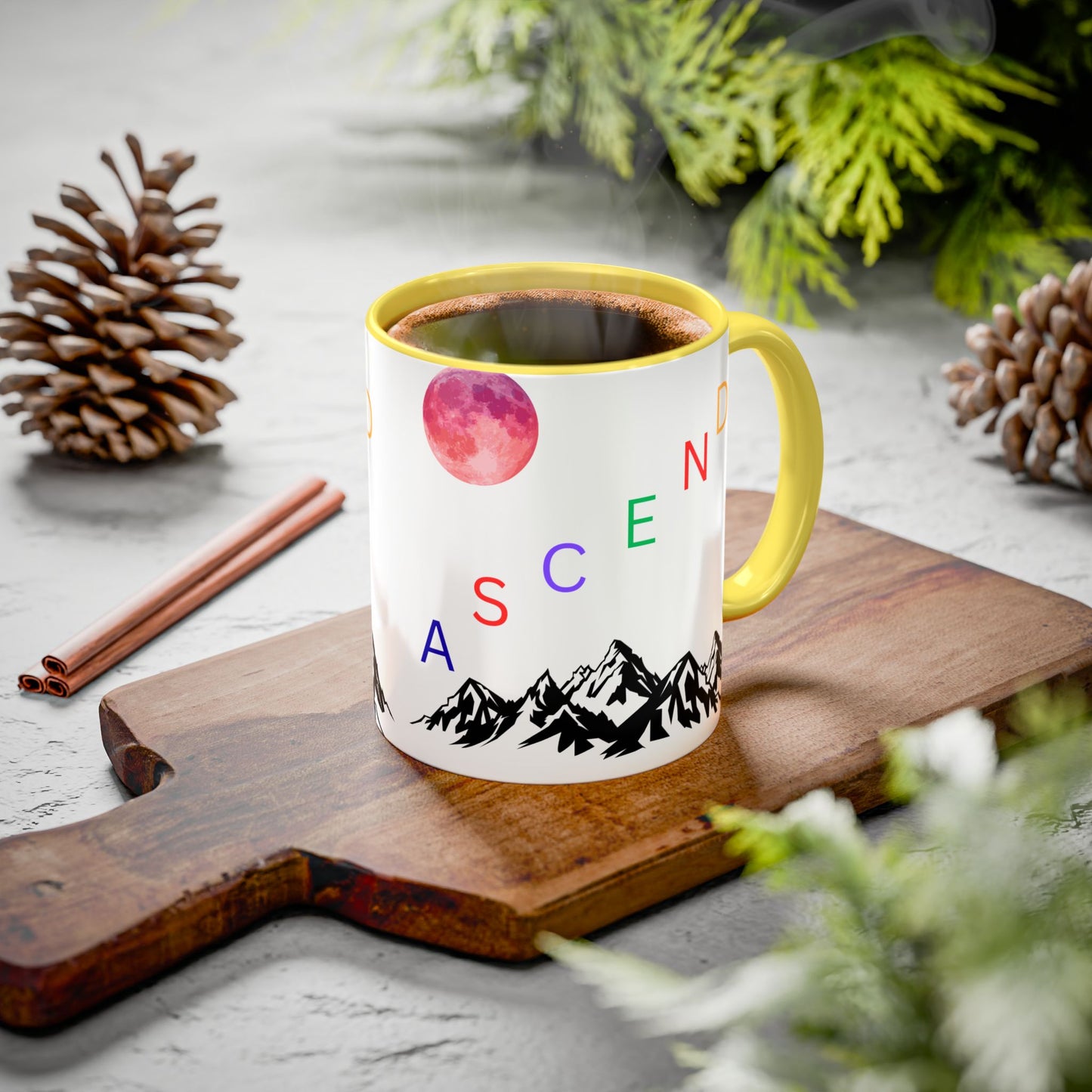 Ascend Mountain Mug — Colorful Rainbow Lettering with Pink Moon (11oz/15oz)