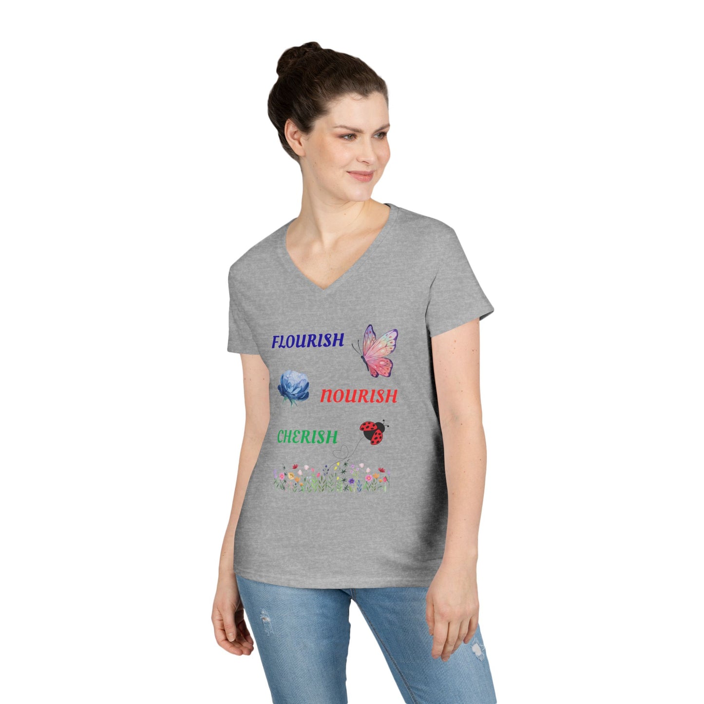 Flourish Nourish Cherish Floral V-Neck  Cotton Tee