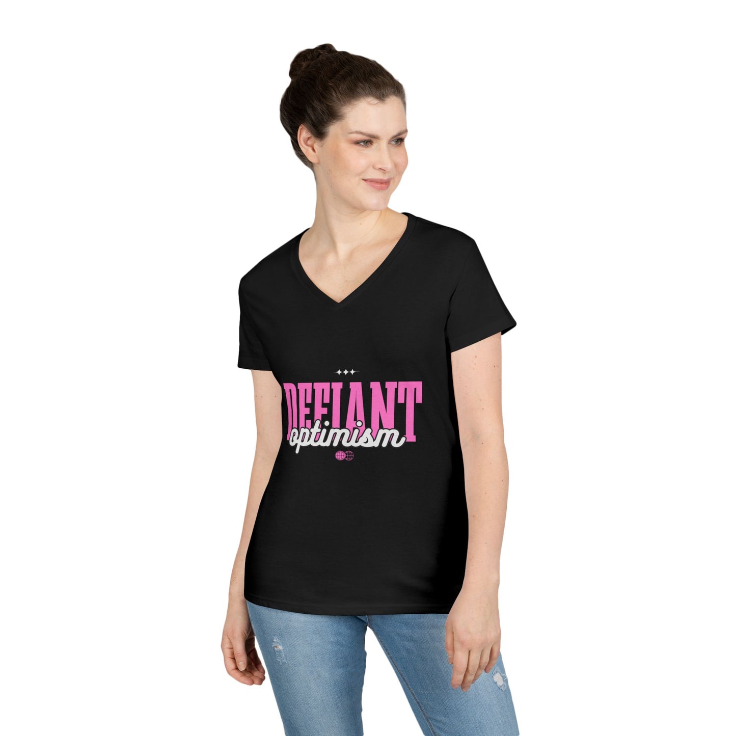 Defiant Optimism V-Neck Womens 100% Cotton Tee