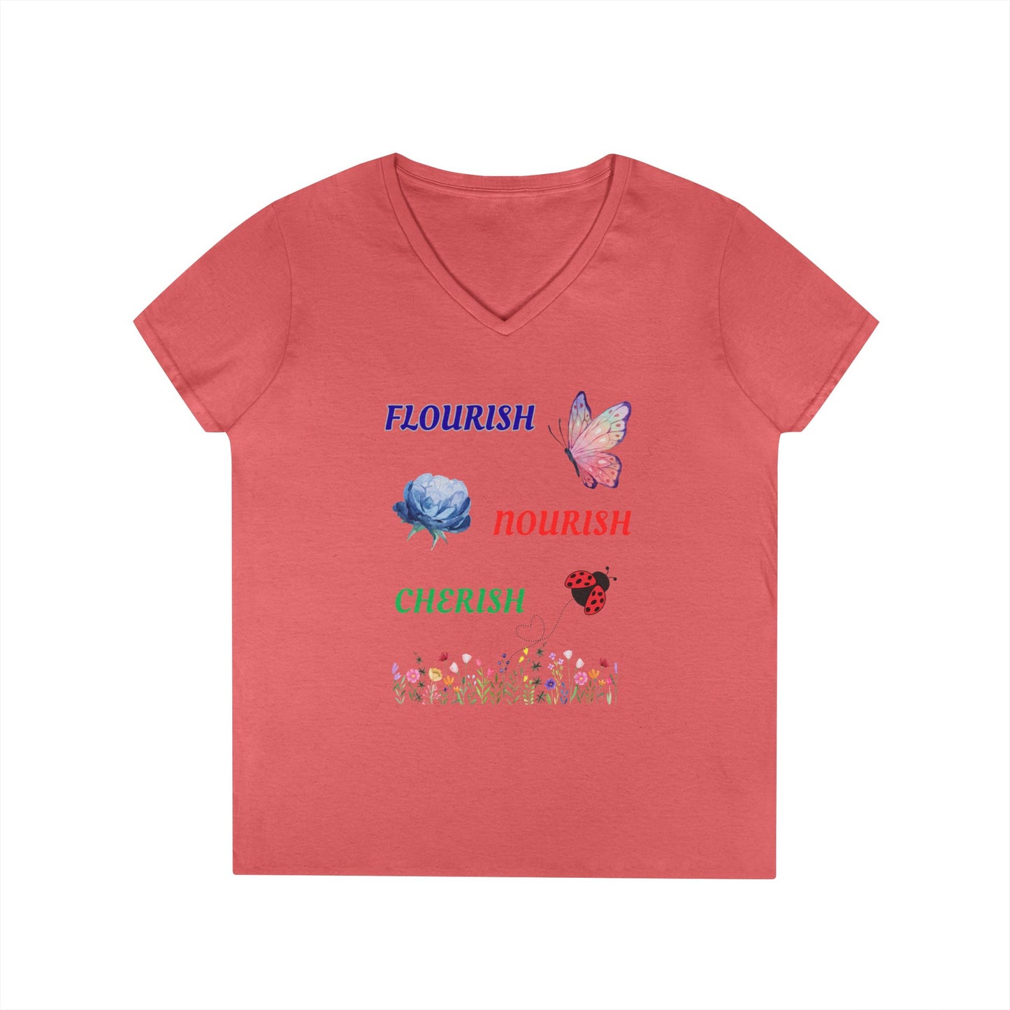 Flourish Nourish Cherish Floral V-Neck  Cotton Tee