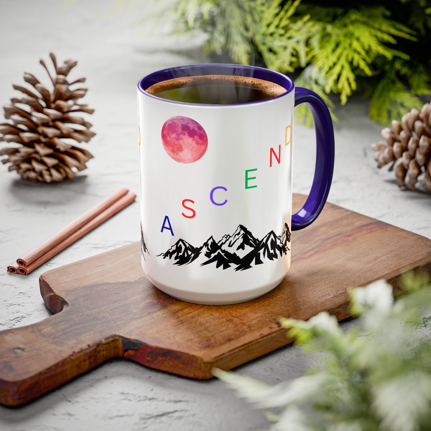 Ascend Mountain Mug — Colorful Rainbow Lettering with Pink Moon (11oz/15oz)