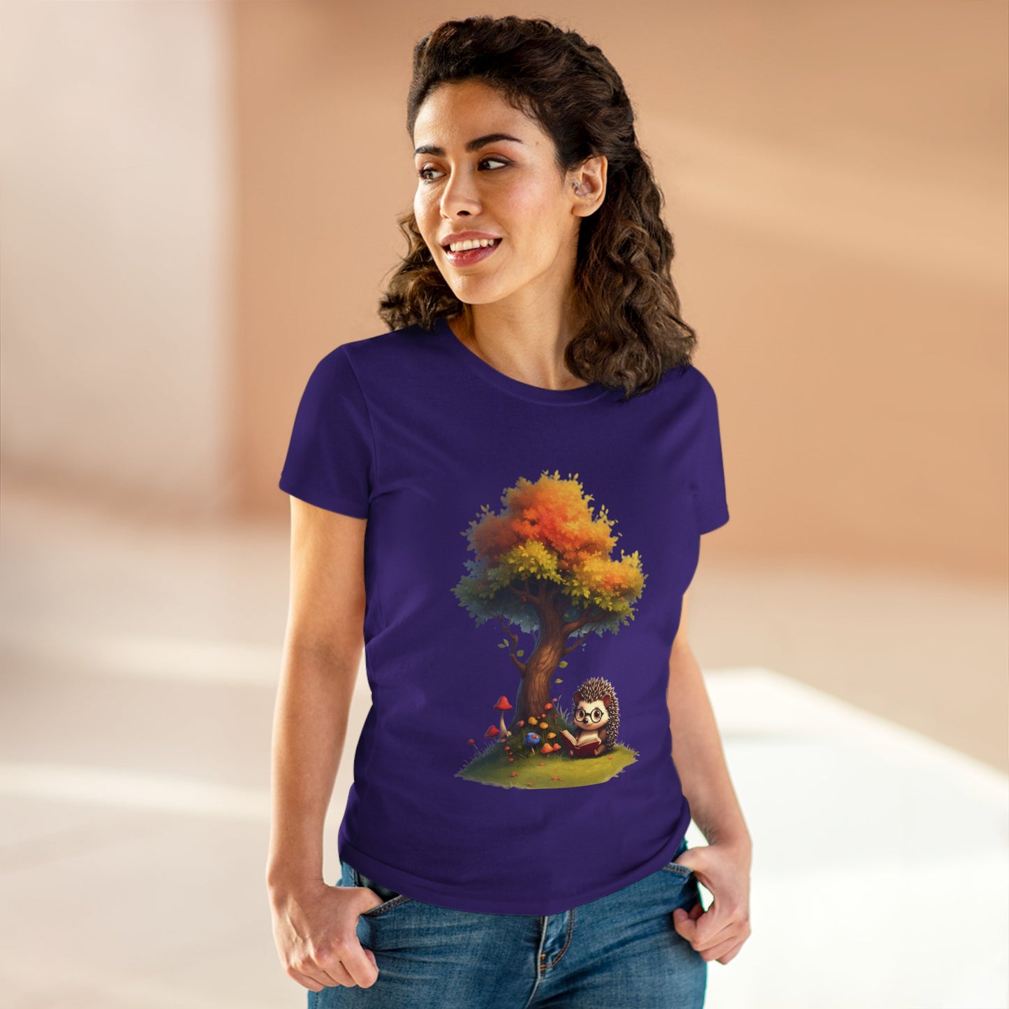 Cute Hedgehog and Autumn Tree T-Shirt, Fall Apparel, Nature Lover Gift, Women's Casual Tee, Gift for Her, Seasonal Style
