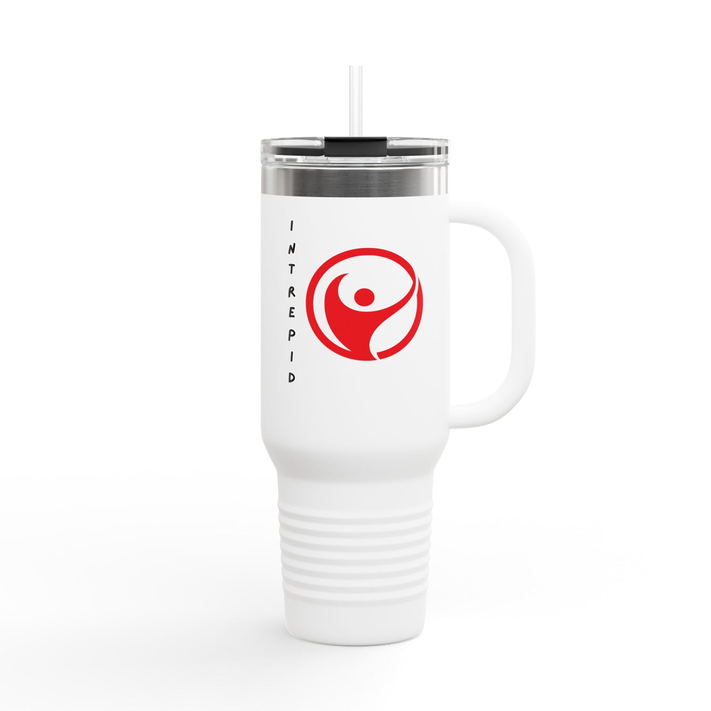 Intrepid 40oz Insulated Travel Mug — White Motivational Logo Tumbler (Keeps Drinks Hot & Cold)