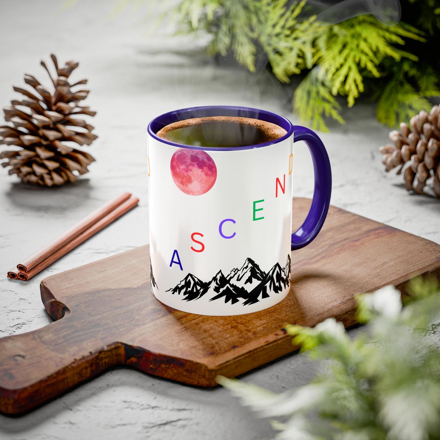 Ascend Mountain Mug — Colorful Rainbow Lettering with Pink Moon (11oz/15oz)