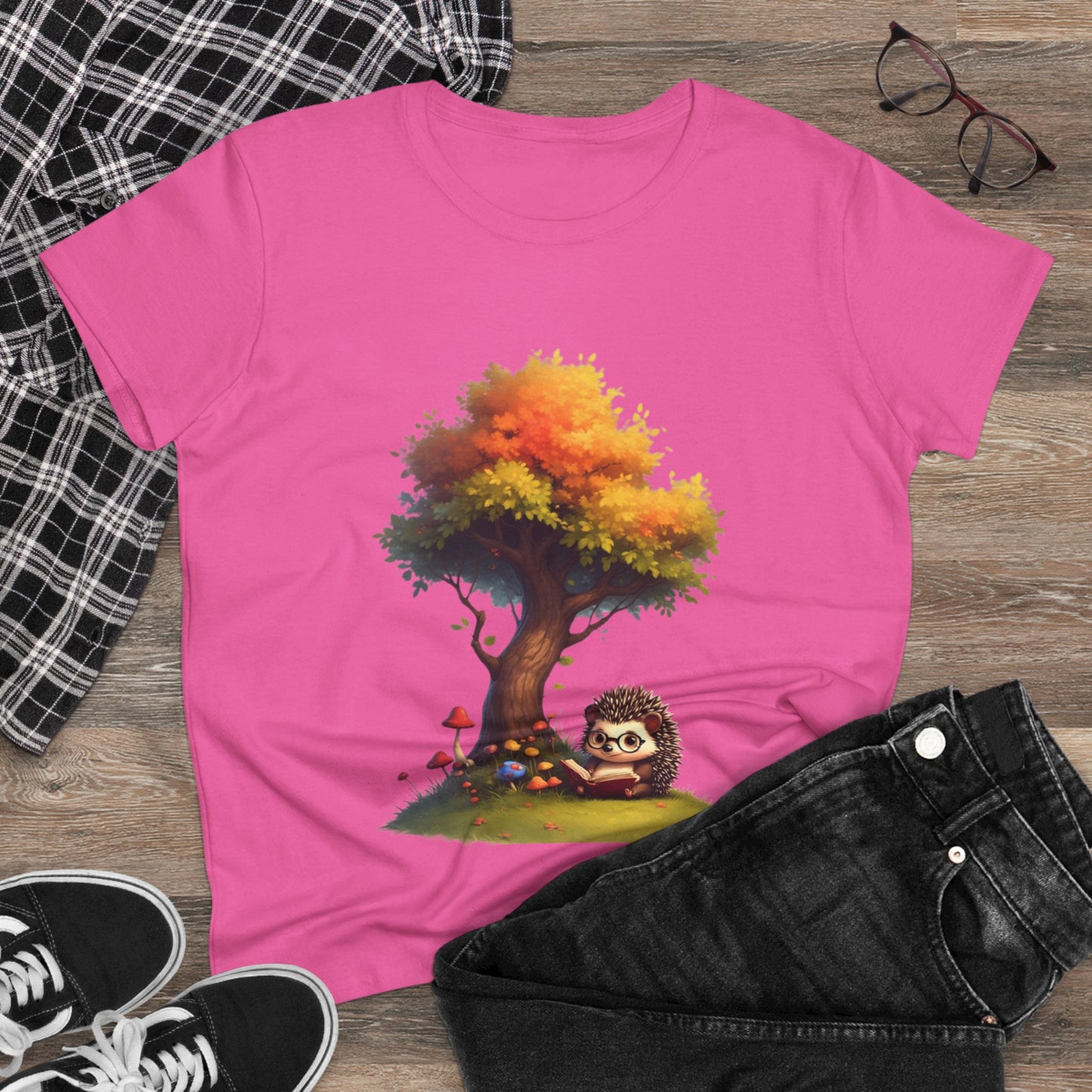 Cute Hedgehog and Autumn Tree T-Shirt, Fall Apparel, Nature Lover Gift, Women's Casual Tee, Gift for Her, Seasonal Style