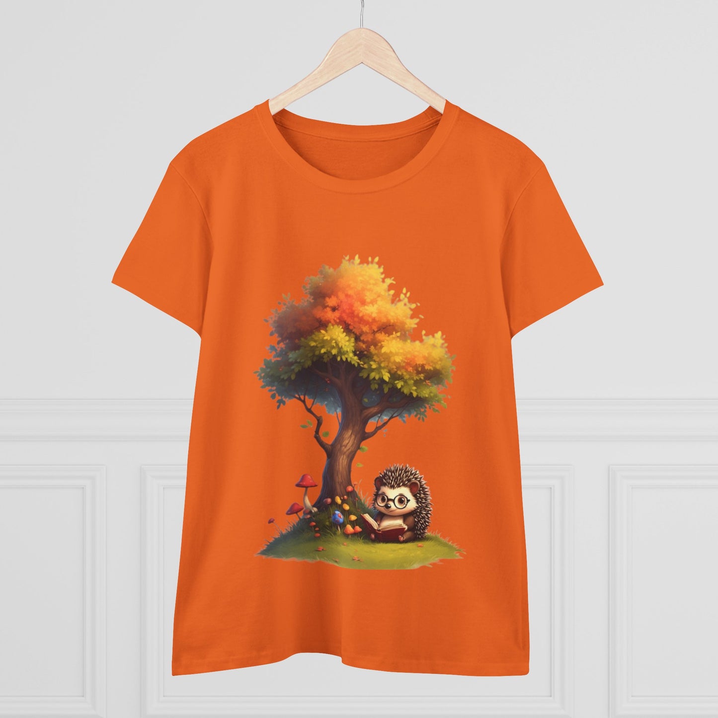 Cute Hedgehog and Autumn Tree T-Shirt, Fall Apparel, Nature Lover Gift, Women's Casual Tee, Gift for Her, Seasonal Style