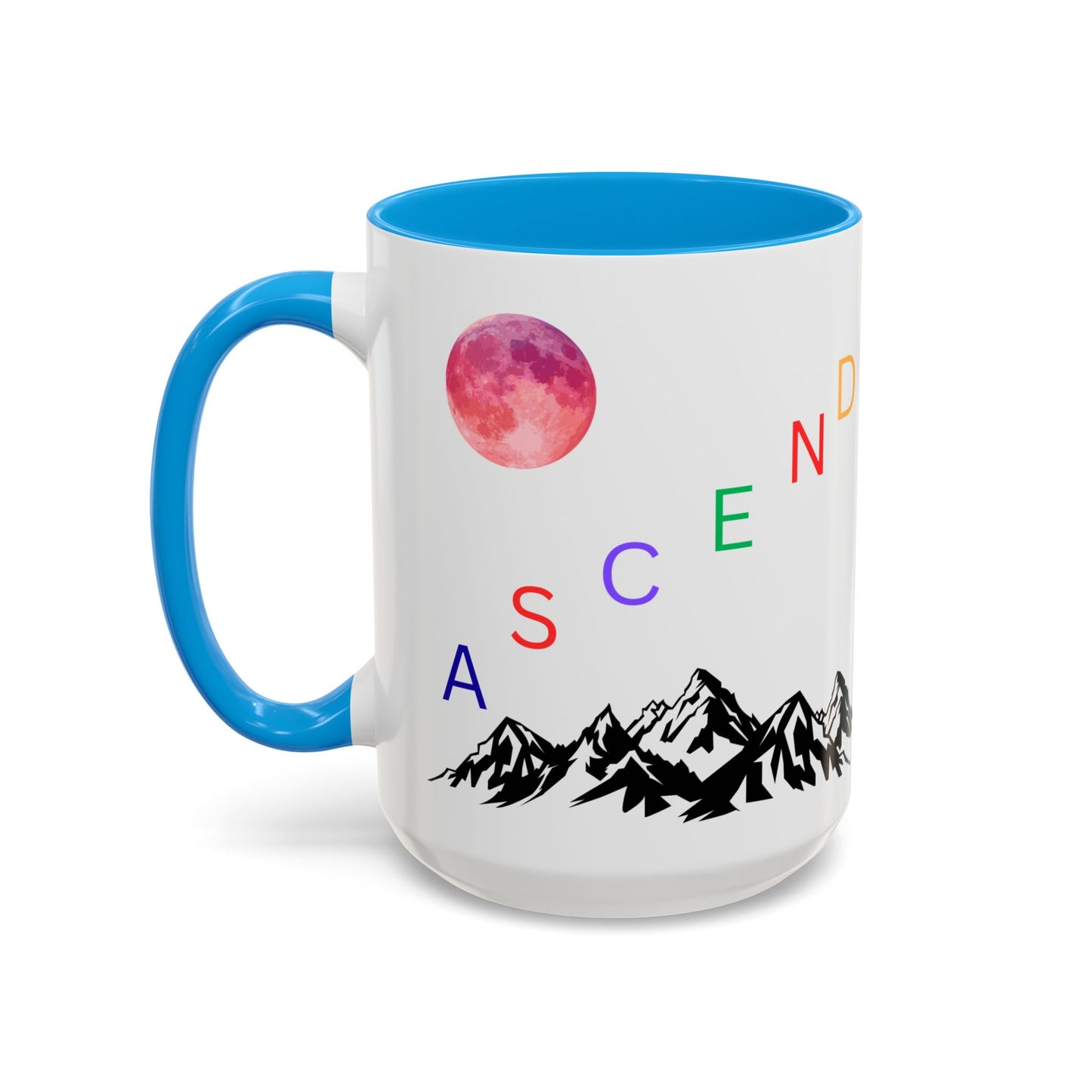 Ascend Mountain Mug — Colorful Rainbow Lettering with Pink Moon (11oz/15oz)
