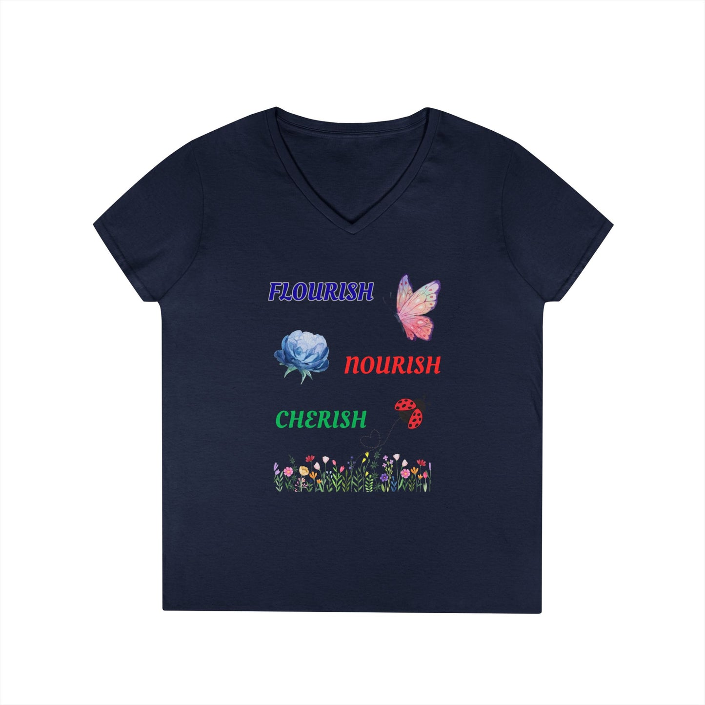 Flourish Nourish Cherish Floral V-Neck  Cotton Tee