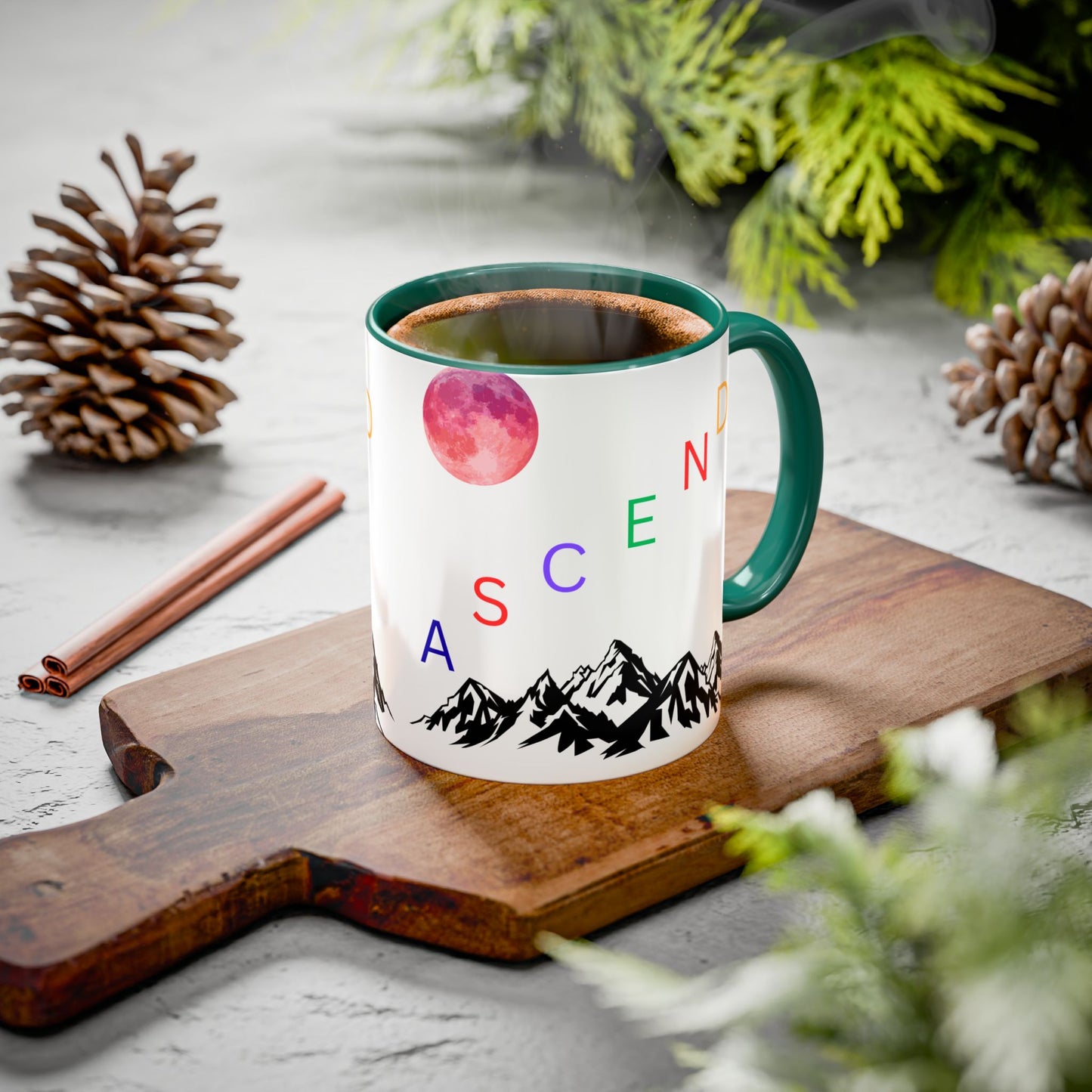 Ascend Mountain Mug — Colorful Rainbow Lettering with Pink Moon (11oz/15oz)