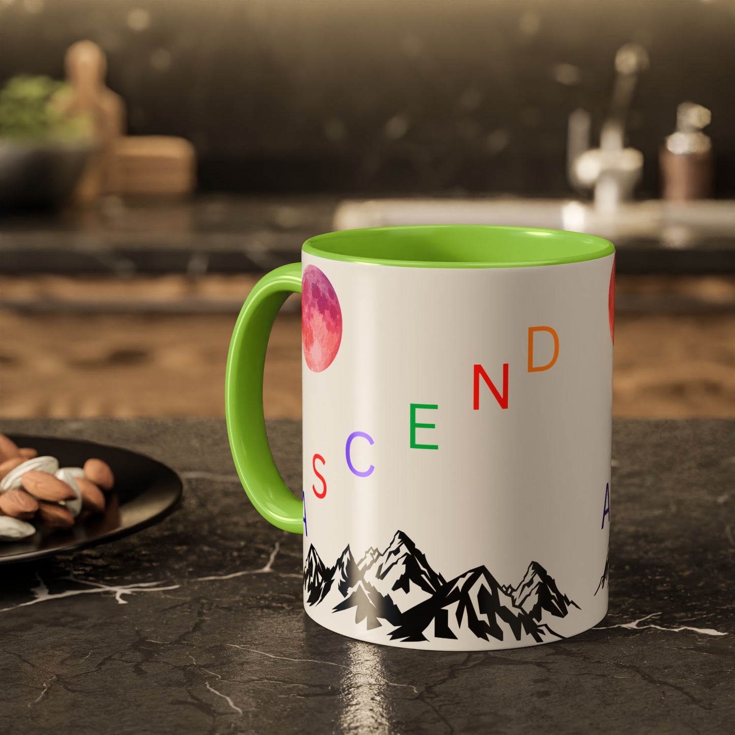 Ascend Mountain Mug — Colorful Rainbow Lettering with Pink Moon (11oz/15oz)
