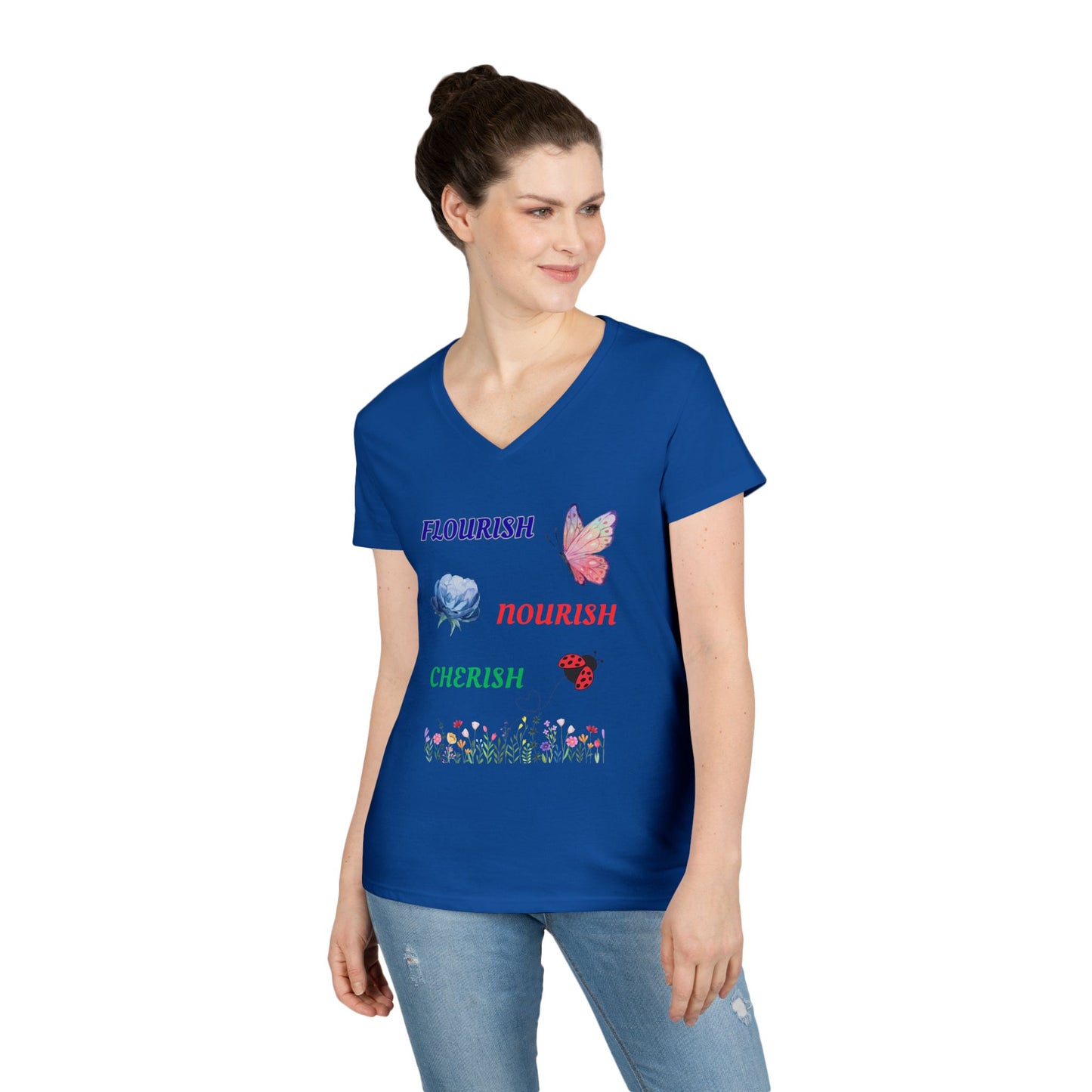 Flourish Nourish Cherish Floral V-Neck  Cotton Tee